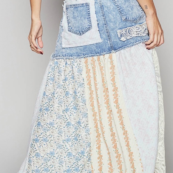 POL Blue and Cream Patchwork Maxi Skirt - Picture 3 of 6